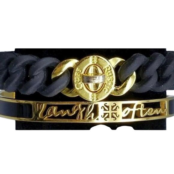 Rustic Cuff Gold & Black Enamel Inspirational Laugh Often Cuff Signed Bracelet - Picture 2 of 16